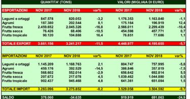 import export ortofrutta gennaio novembre 2018